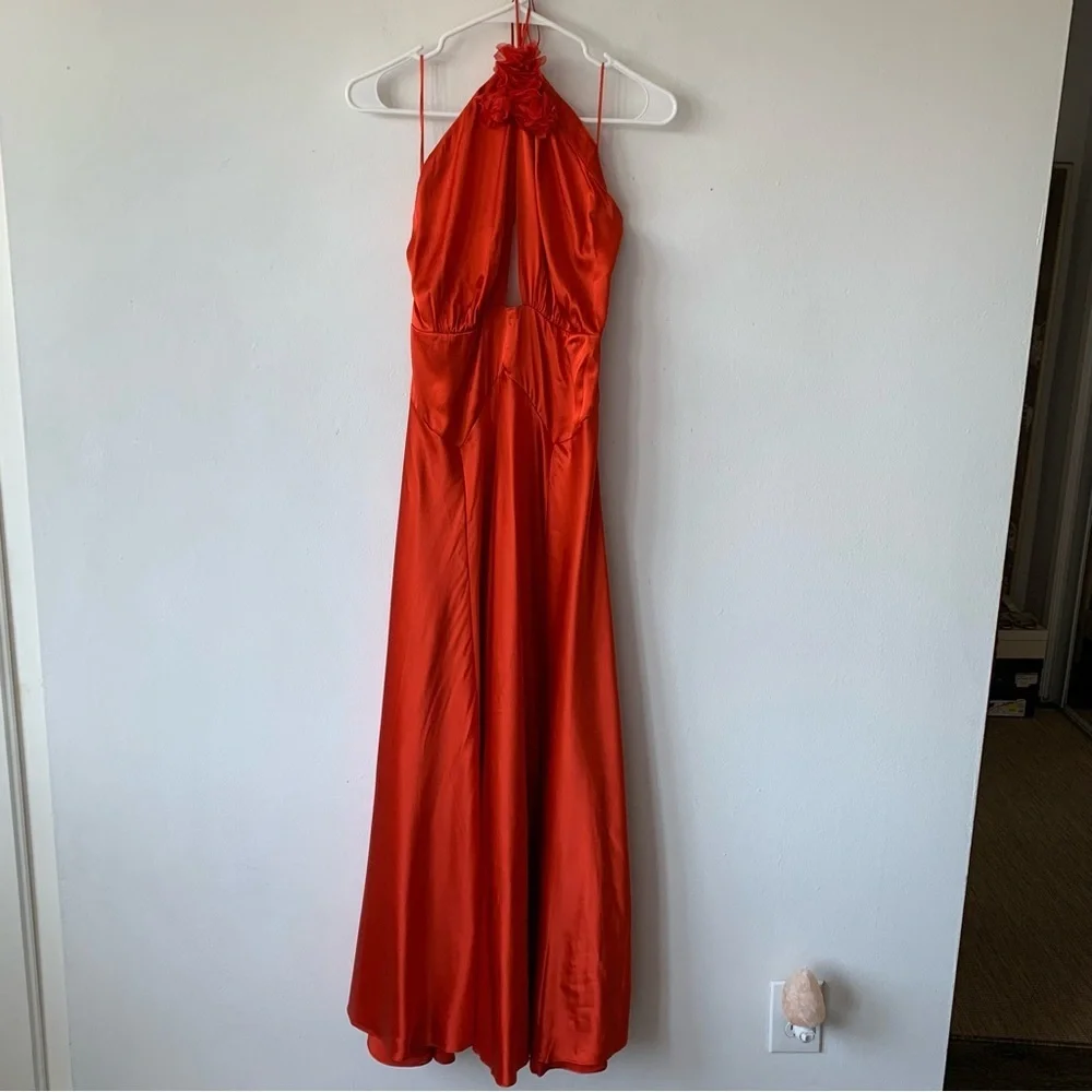 NWT Doen Lilaia Silk Rosette Rose Halter Maxi Dress Gown Fiery Coral Red - Picture 12 of 16